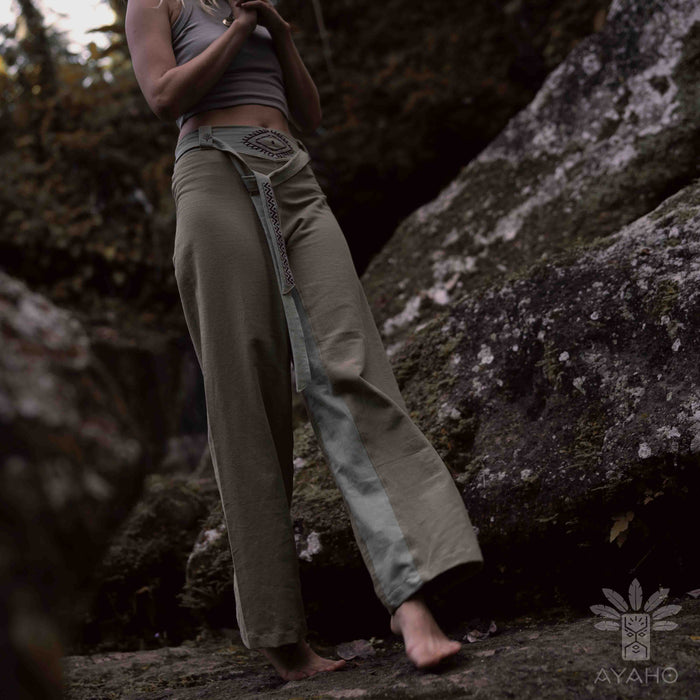 Detail of unisex boho organic cotton pants featuring a distinctive sacred geometry pattern on the belt, handcrafted for a blend of style and comfort in bohemian fashion