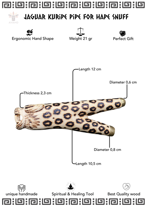 Jaguarkuripe pipe for hape snuff with detailed measurements on a white background