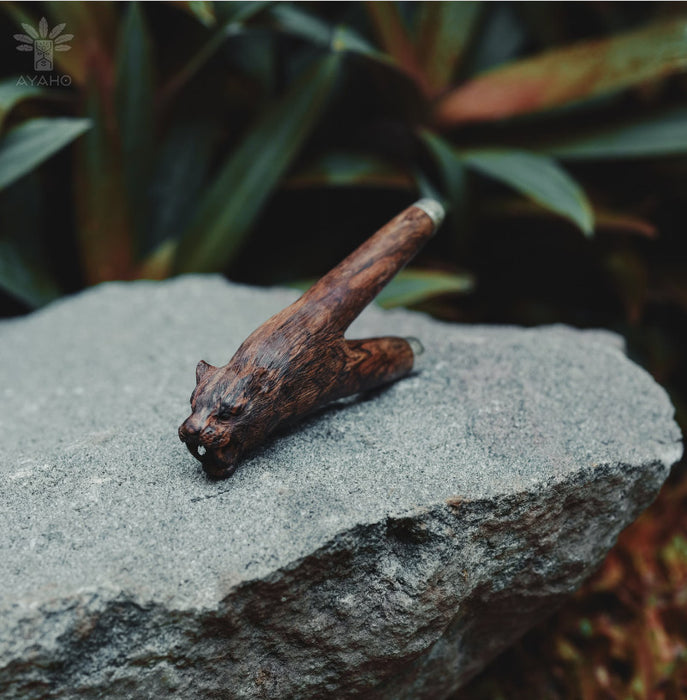 Mango wood kuripe pipe, exquisitely hand-carved with a bear totem, embodies traditional shamanic practices for hape snuff as a unique spiritual tool.