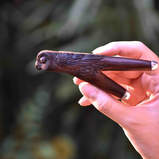 This Totem Power Kuripe pipe, with its parrot totem design, is a handmade, rosewood shamanic snuff applicator. Its a spiritual healing gift for hape ceremonies, embodying sacred geometry and offering protection during meditation