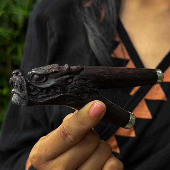 Hand holding a intricately carved wooden object with a dragon design.