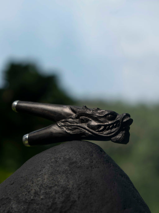 Bronze dragon head sculpture on a rock with blurred greenery in the background