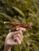 Hand holding a wooden and metal tool against a blurred natural background