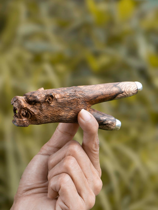 Shamanic rapé Kuripé Jaguar Man — mango wood and silver, hand-crafted design