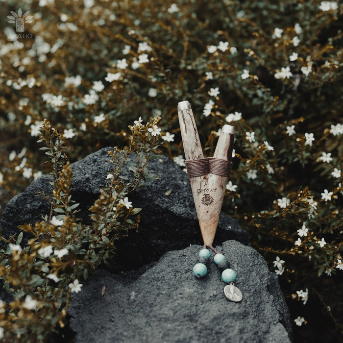 Tamarind wood kuripe pipe with turquoise and a peacock feather, a shamanic smoking accessory for hape snuff