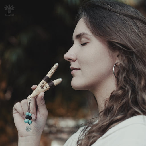 Tamarind wood kuripe pipe with turquoise and a peacock feather, a shamanic smoking accessory for hape snuff