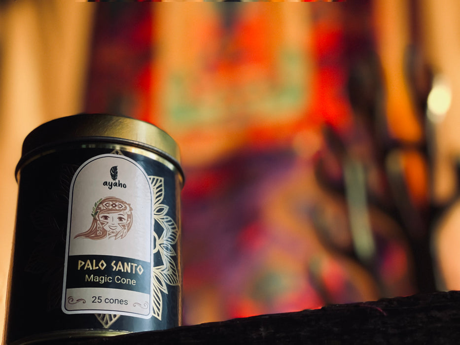 Single Palo Santo cone burning on stone altar, creating peaceful atmosphere for mindfulness practice