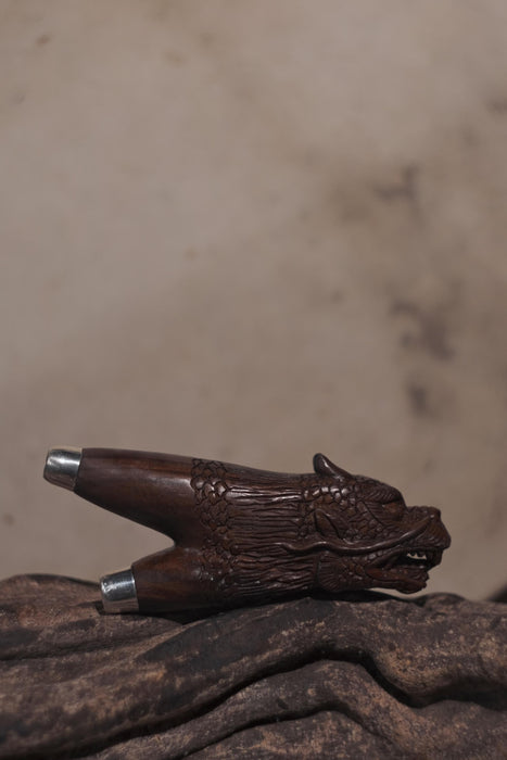 Kuripi Dragon Totem and Silver Caps .Hand Carved Rosewood . Unique Spiritual Tool