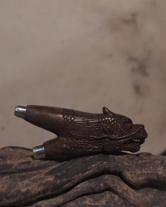 Kuripi Dragon Totem and Silver Caps .Hand Carved Rosewood . Unique Spiritual Tool