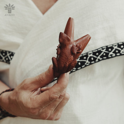 Wooden carved kuripe frog pipe, a high-quality shamanic applicator for hape snuff, combining art with herbal medicine in a unique handcrafted gift.