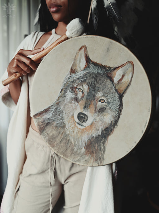  Exquisite Shaman tambourine featuring a 40cm wolf painting, perfect for enhancing your spiritual practices and musical expression.