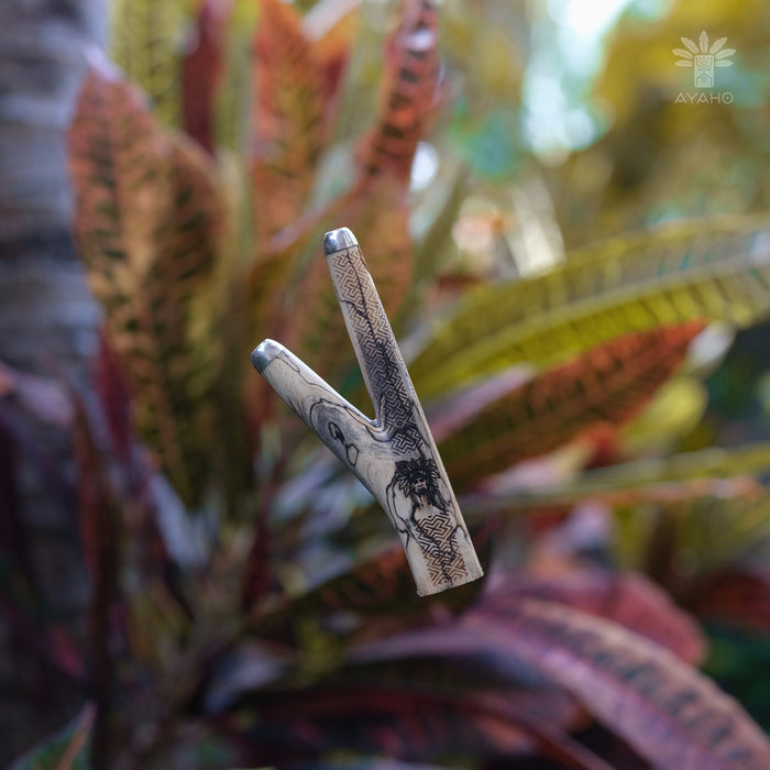 a tamarind wood kuripe pipe, intricately carved for hape snuff application, combining traditional shamanic utility with herbal medicinal practices