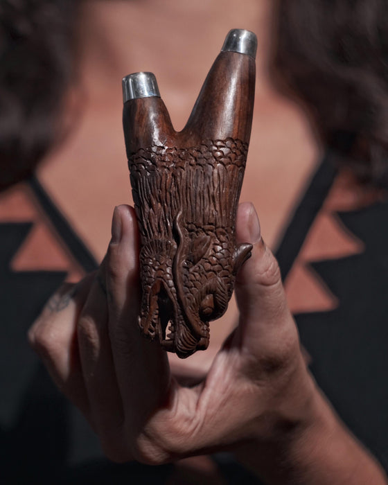 Kuripi Dragon Totem and Silver Caps .Hand Carved Rosewood . Unique Spiritual Tool