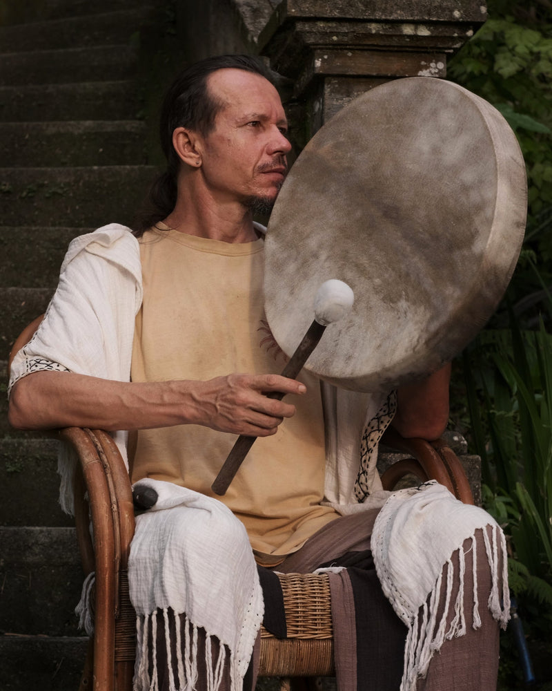 A cultural treasure, this tunable handmade shaman drum reflects traditional craftsmanship and spiritual significance.