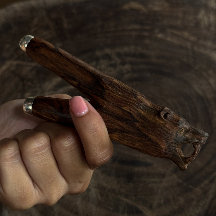 Unique kuripe pipe featuring a bear totem, handcrafted from mango wood