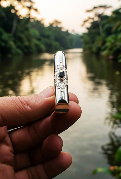 Ceremonial Pipe Silver Plated Bronze | Onyx Amethyst Gemstone | Sacred Herbal Applicator | Bali Tribal Art