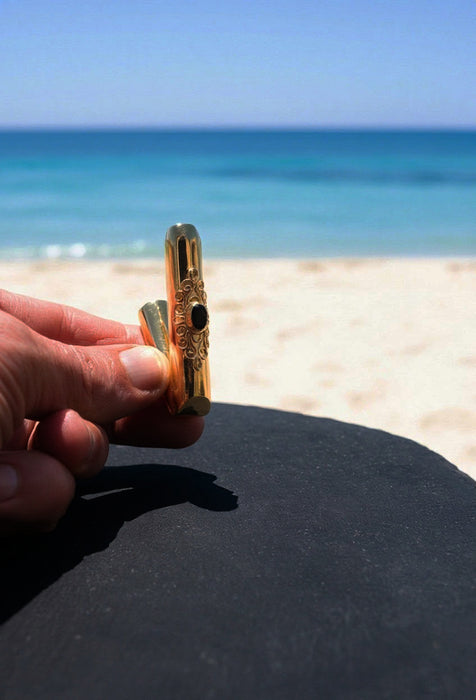 Ceremonial Pipe Gold Plated Bronze | Onyx Amethyst Gemstone | Sacred Herbal Applicator | Bali Tribal Art