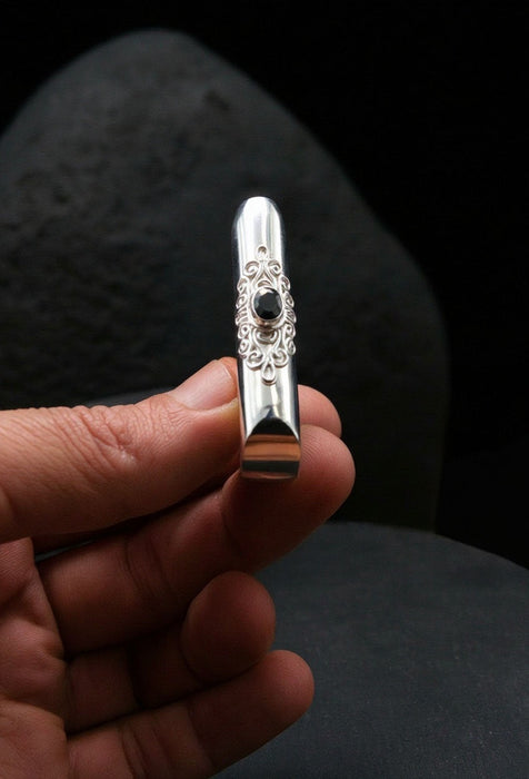 Ceremonial Pipe Silver Plated Bronze | Onyx Amethyst Gemstone | Sacred Herbal Applicator | Bali Tribal Art