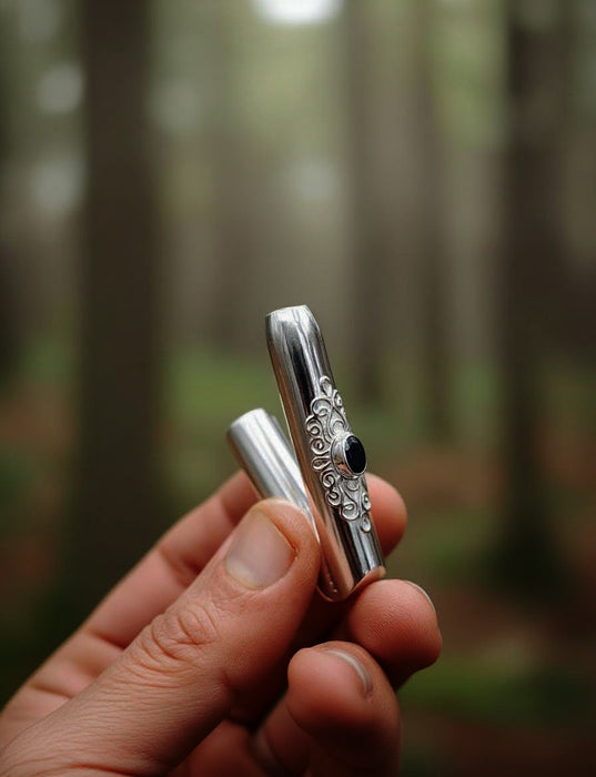 Ceremonial Pipe Silver Plated Bronze | Onyx Amethyst Gemstone | Sacred Herbal Applicator | Bali Tribal Art