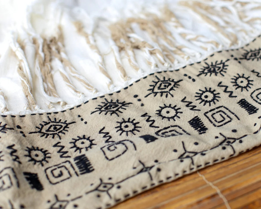 Textile with black geometric patterns on a beige background