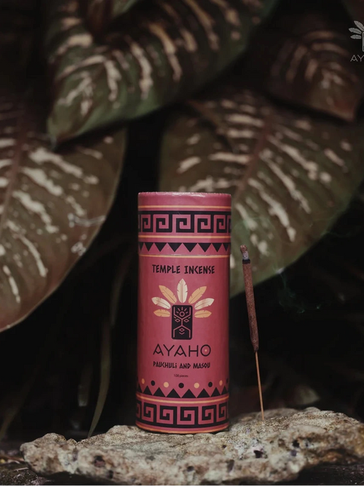 Ayaho incense canister with a single incense stick on a rock with leaves in the background