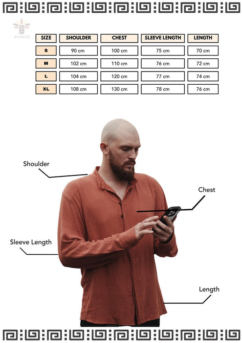 Measurement chart for a shirt with a man wearing an orange shirt using a phone.