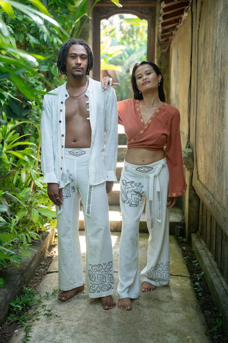 Boho unisex cotton pants “Spirit of Freedom” off white