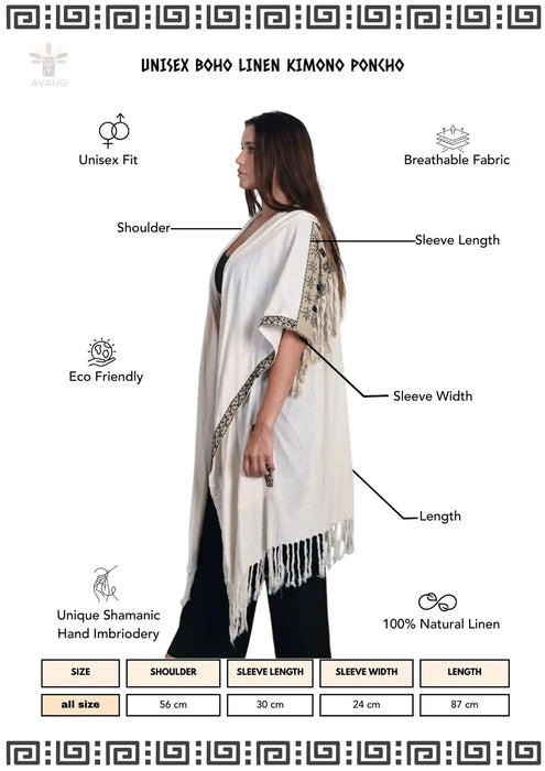 Unisex Boho Linen Kimono Poncho with specifications on a white background