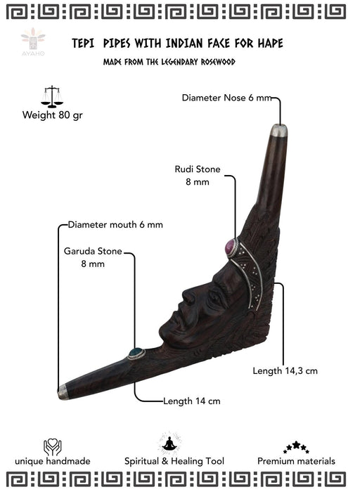 Wooden pipe with Indian face design, labeled with specifications on a white background.