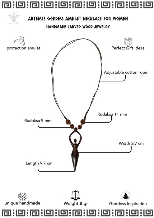 Artemis Goddess Amulet Necklace for women with detailed measurements and features on a white background.