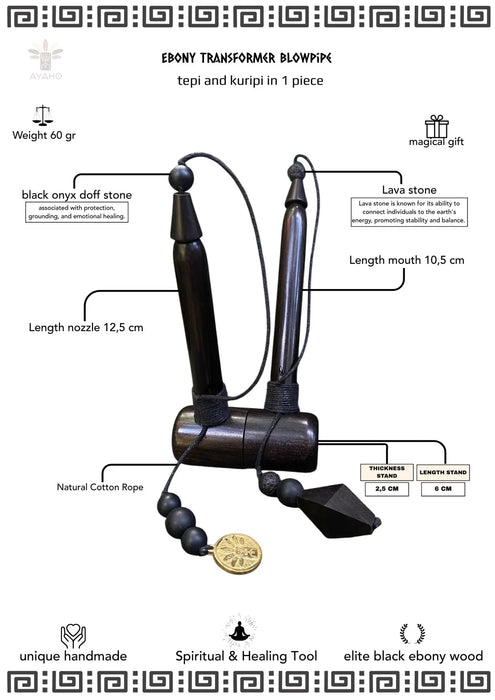 Ebony transformer blowpipe with detailed specifications on a white background
