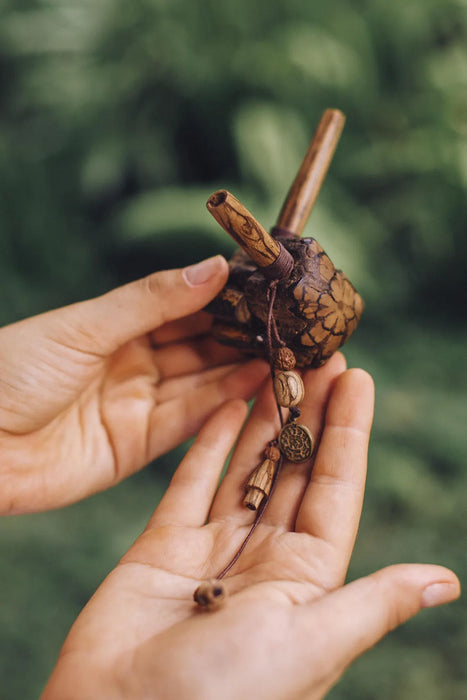Hand holding a decorative item made of natural materials against a blurred green background