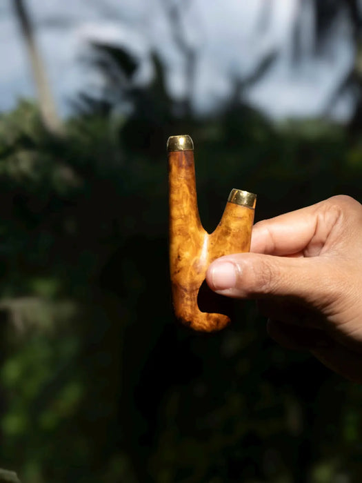 Hand holding a wooden archery bow nock against a blurred natural background