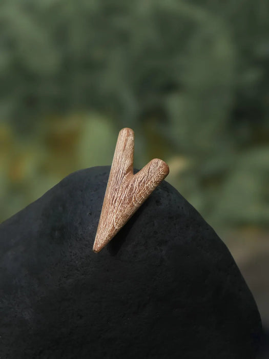 Wooden arrowhead on a dark stone with a blurred green background