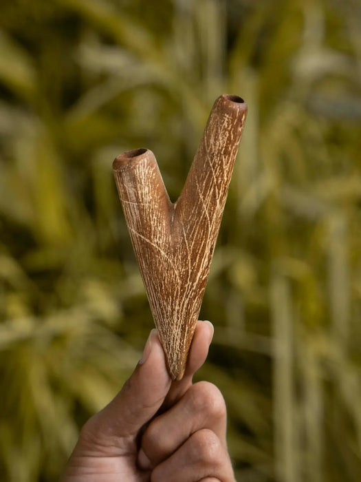 Hand holding a wooden conch shell against a blurred natural background