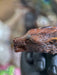 Close-up of a detailed wooden figurine of a creature with a blurred background