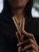 Person holding two pieces of cinnamon stick against a blurred background
