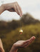 Hand holding a gold necklace with a pendant against a blurred natural background