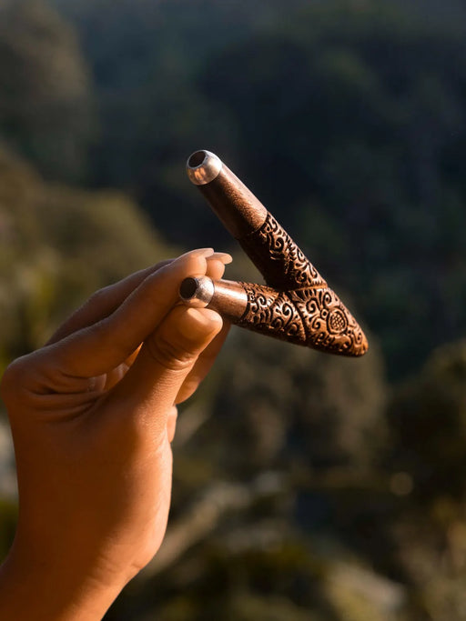 Hand holding a decorative metal object against a blurred natural background