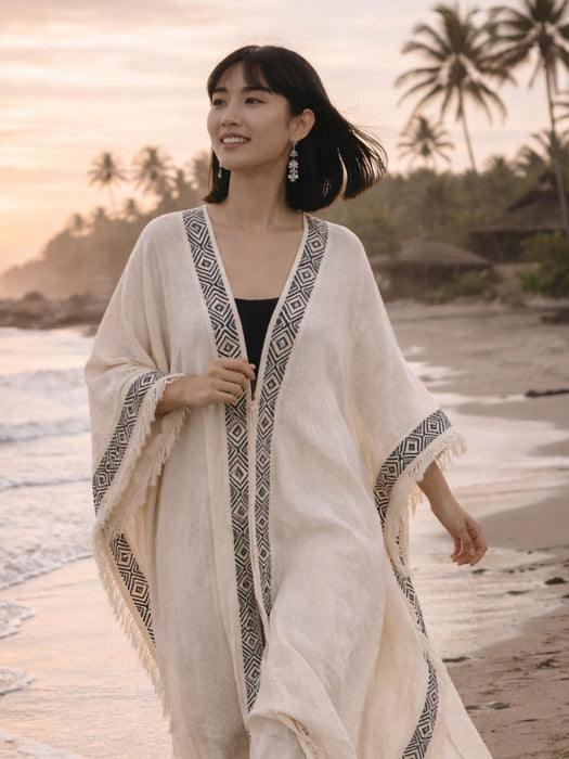 Boho Kimono – Handmade Cotton Festival Robe with Ethnic Embroidery