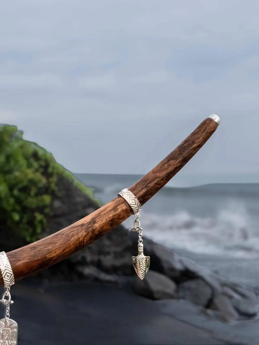 Wooden stick with silver earrings against a coastal background