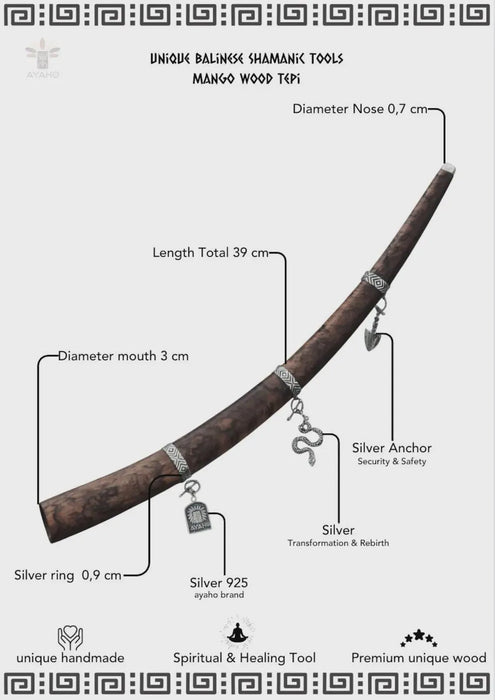 Mango wood tēpi with silver anchor and branding, labeled with measurements and descriptions.