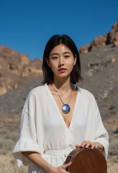Woman in a white dress holding a guitar in a desert setting