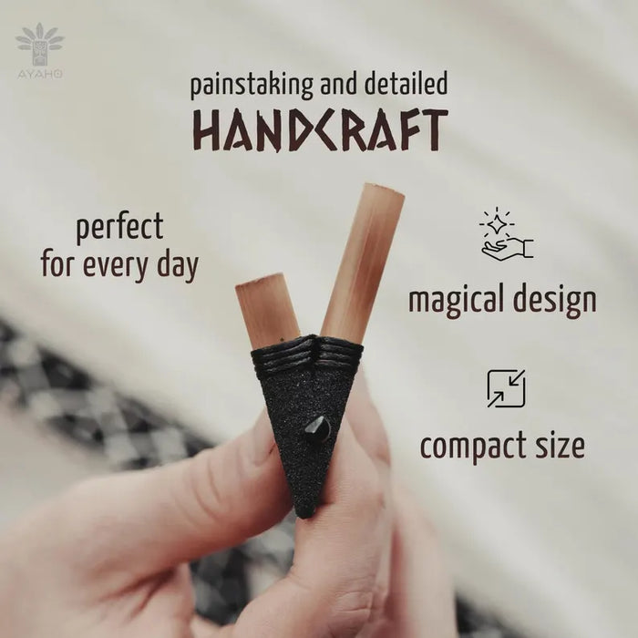 Handheld product with text highlighting 'painstaking and detailed handcraft', 'perfect for every day', 'magical design', and 'compact size'.