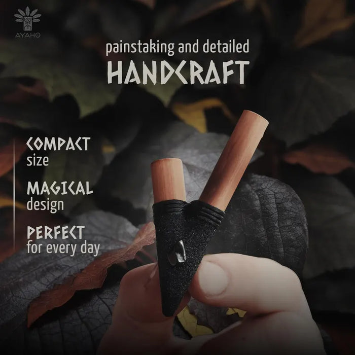 Handcrafted item with text highlighting 'painstaking and detailed handcraft', 'compact size', 'magical design', and 'perfect for every day'.