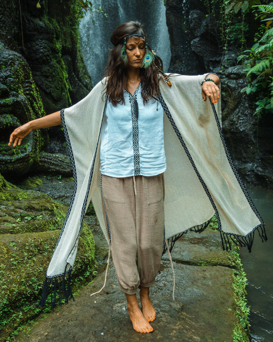 Long Cotton Boho Poncho Kimono Cardigan : Unisex Shaman Clothing - Handmade Ritual Robe Boheme Chic - Beach Coverup