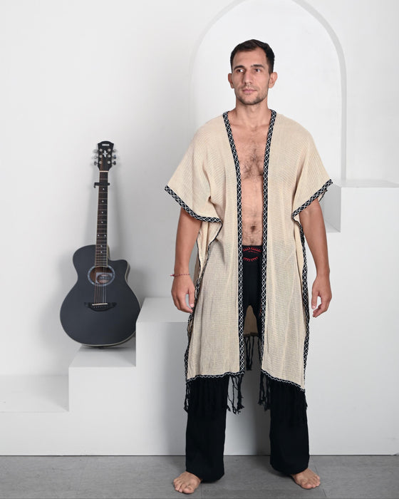 Long Cotton Boho Poncho Kimono Cardigan : Unisex Shaman Clothing - Handmade Ritual Robe Boheme Chic - Beach Coverup