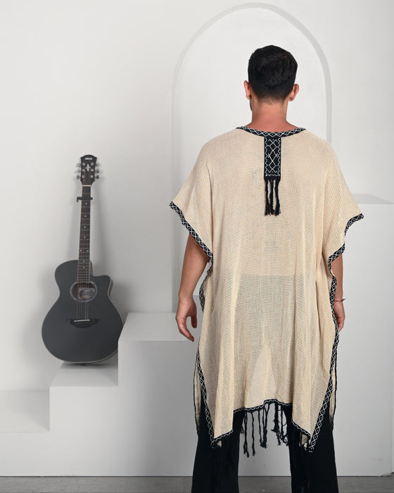 Long Cotton Boho Poncho Kimono Cardigan : Unisex Shaman Clothing - Handmade Ritual Robe Boheme Chic - Beach Coverup