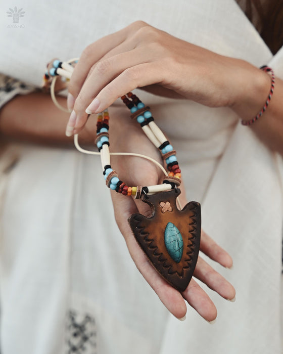 Festival Necklace | Boho Hippie Ethnic Jewelry | Adjustable Ceremony Accessory | Handmade Shamanic Jewelry Buffalo- Leather Shaman Amulet