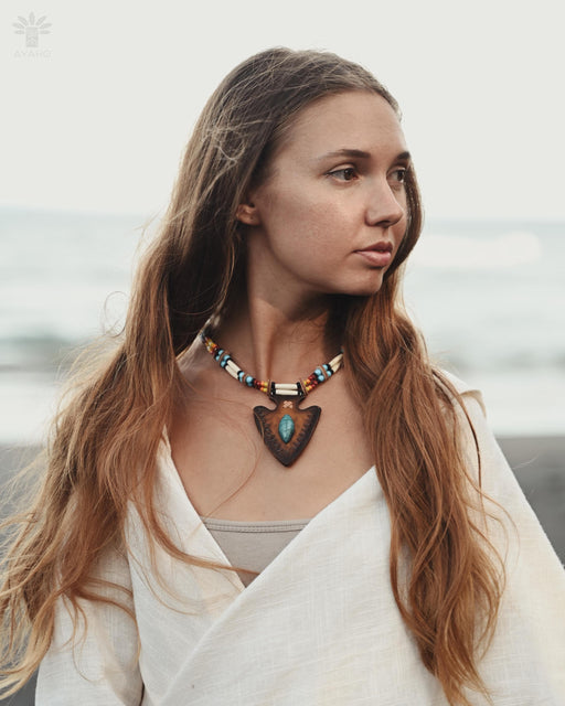 Festival Necklace | Boho Hippie Ethnic Jewelry | Adjustable Ceremony Accessory | Handmade Shamanic Jewelry Buffalo- Leather Shaman Amulet